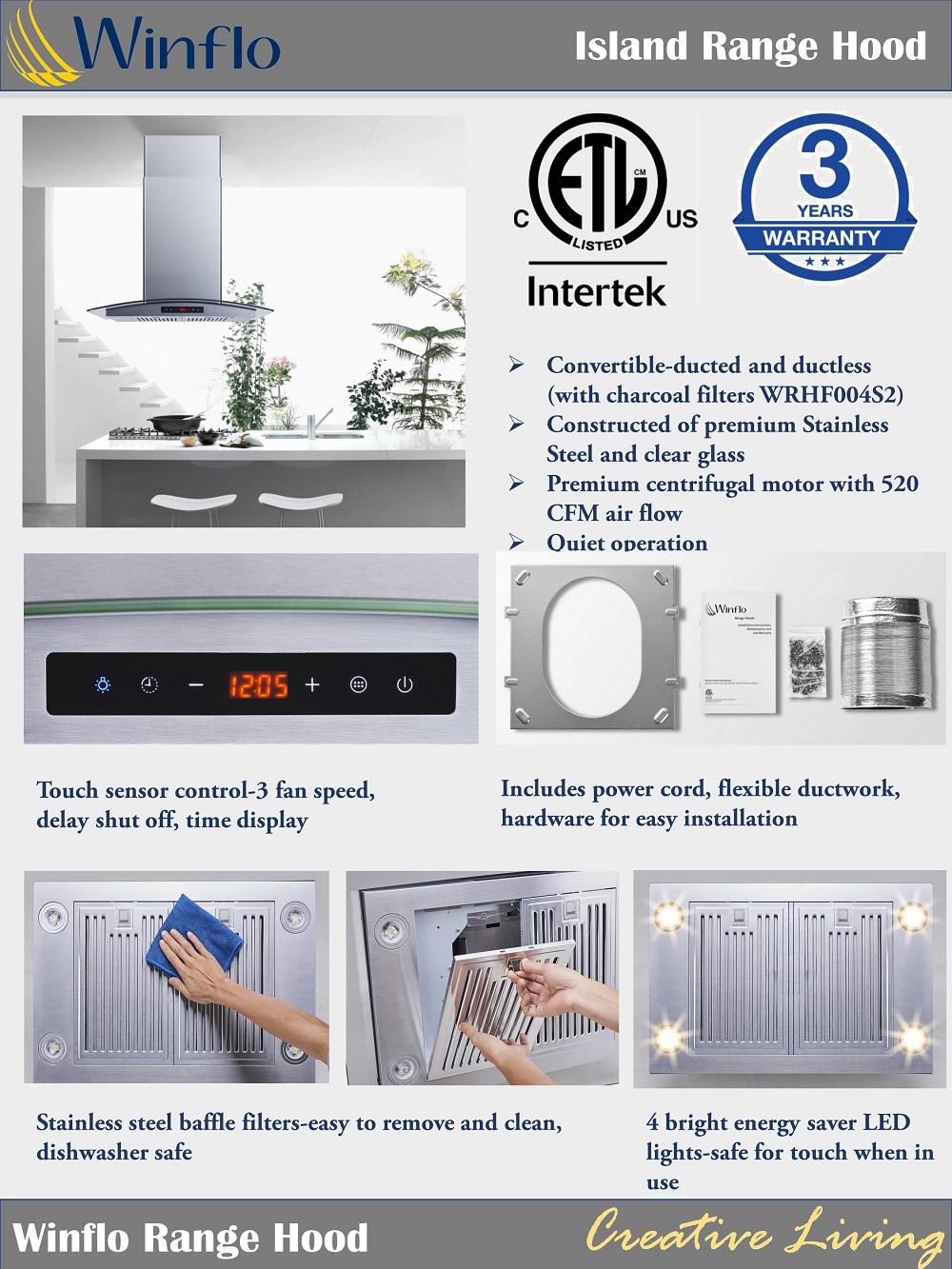 Winflo 36 in. Convertible Island Mount Range Hood in Stainless Steel